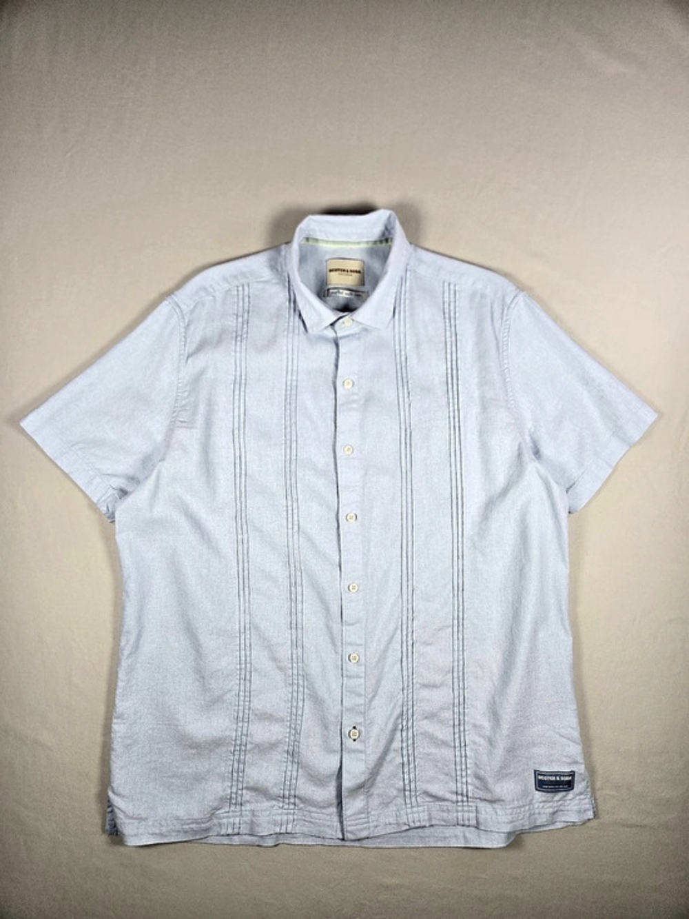 Scotch & Soda Linen Viscose Pintuck Guayabera Shirt Blue L